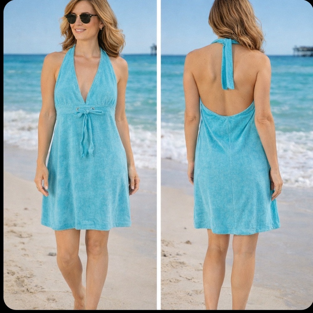 Turquoise Terry Cloth Halter Coverup